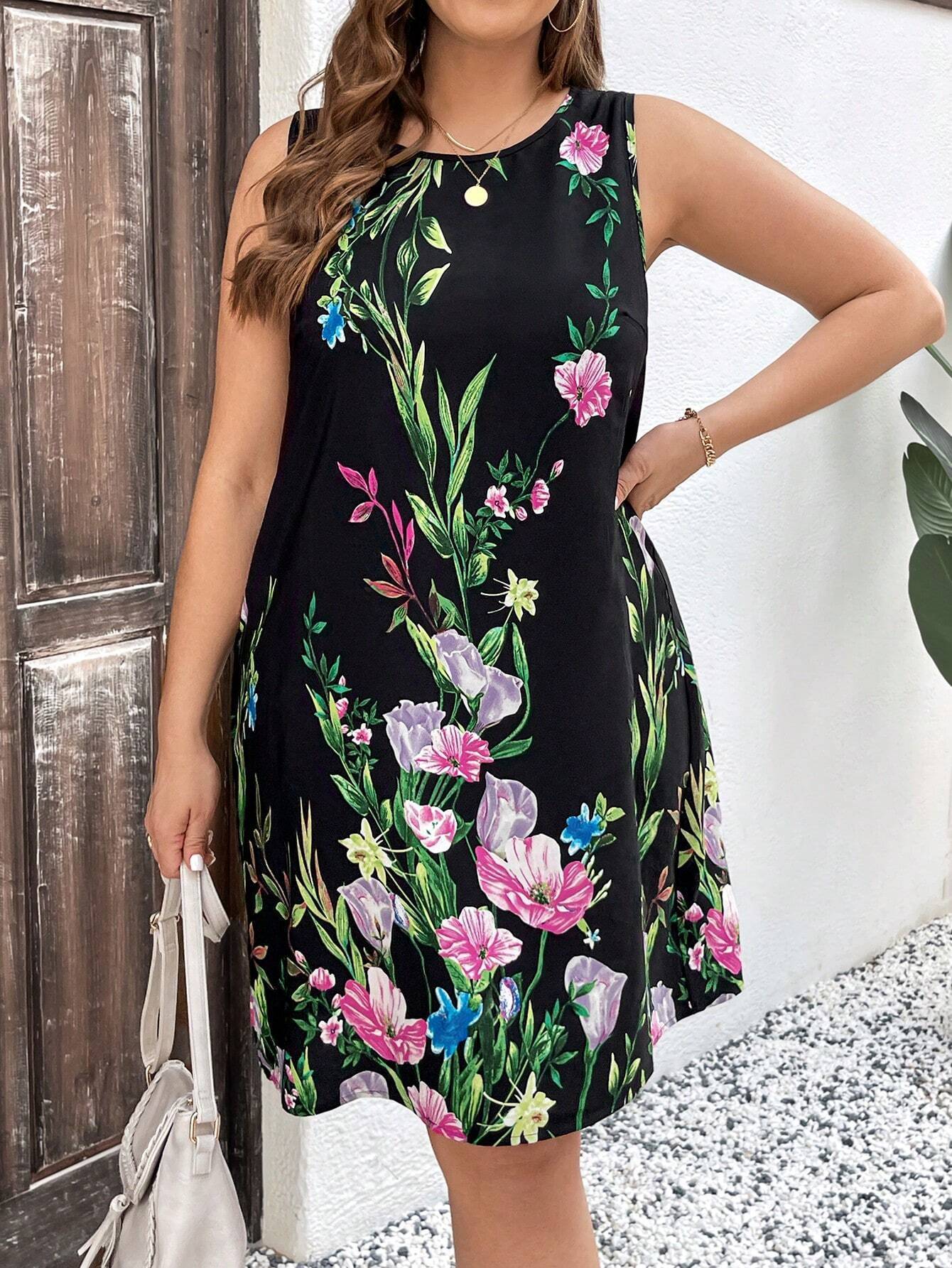 Robe à manches courtes et imprimé végétal pour femme, jupe patchwork à contraste de couleurs