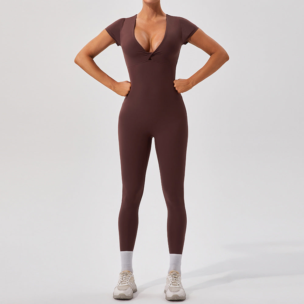 European And American Nude Feel Short Sleeve Yoga Jumpsuit