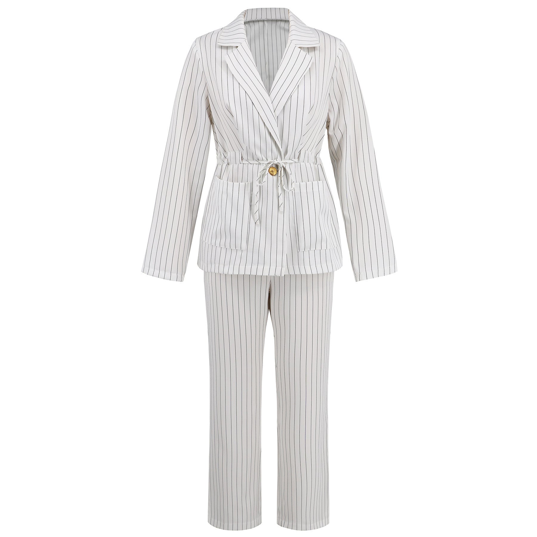 Fashion Striped Lapel Two-piece Suit Suit Drawstring Coat Trousers
