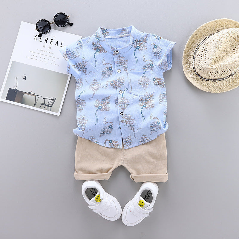 Boy's Fashion Single-breasted Stand Collar Short Sleeve Shirt Casual Pants Suit
