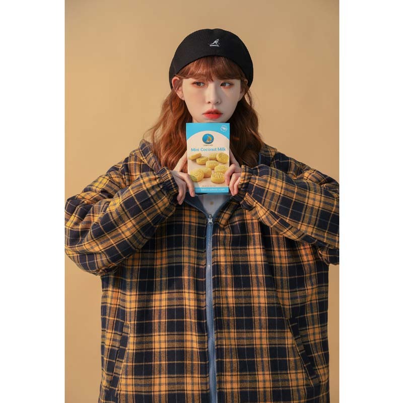 Unisex Color Matching Plaid Loose Long-sleeved Hooded Loose Double-sided Coat