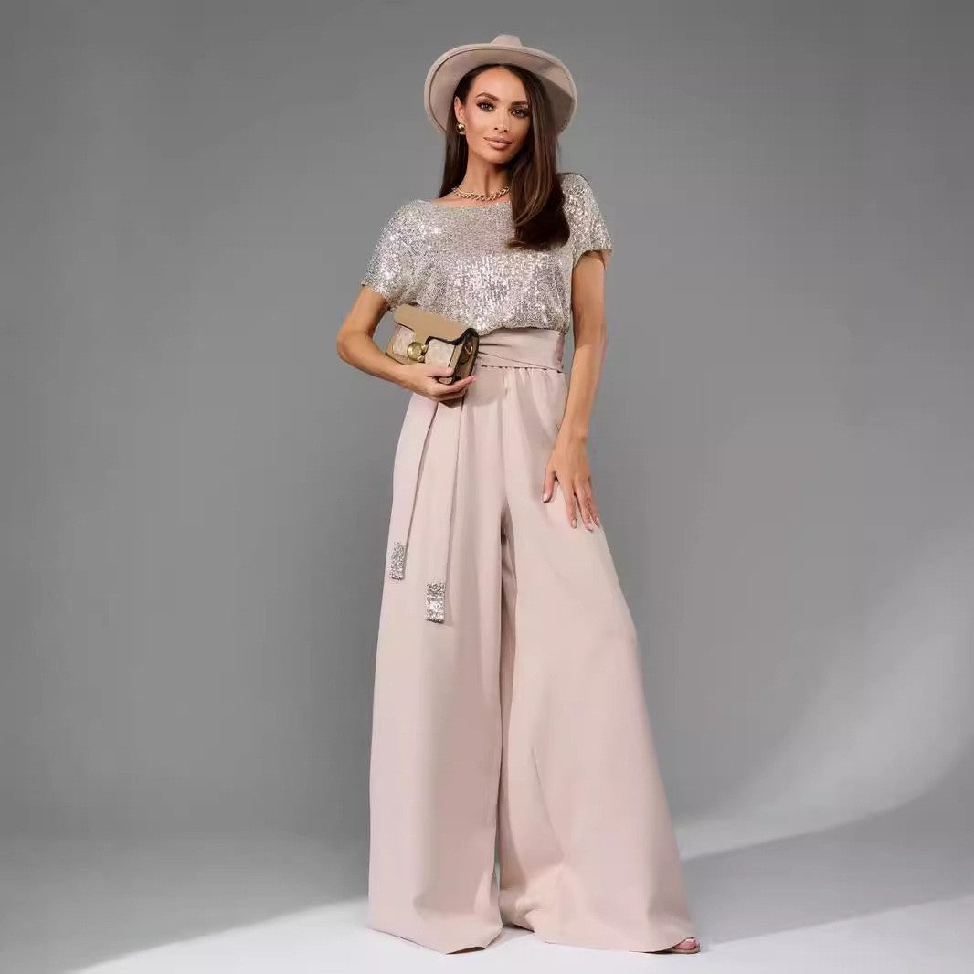 European And American One-piece Sequin Fashion Short Sleeve Casual Jumpsuit Trousers