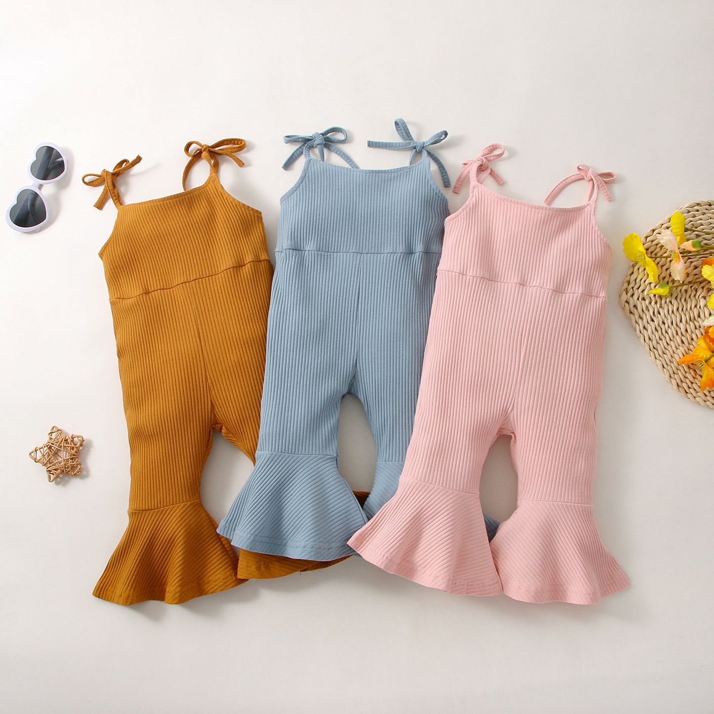 Pantalon d'été une pièce à pattes d'éléphant en coton à rayures unies pour filles