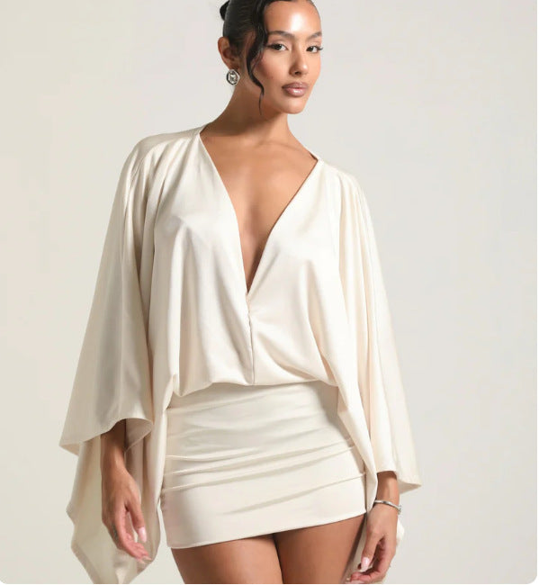 Women's Solid Color And Vneck Stitching Casual Ultra Short Allmatching Dress