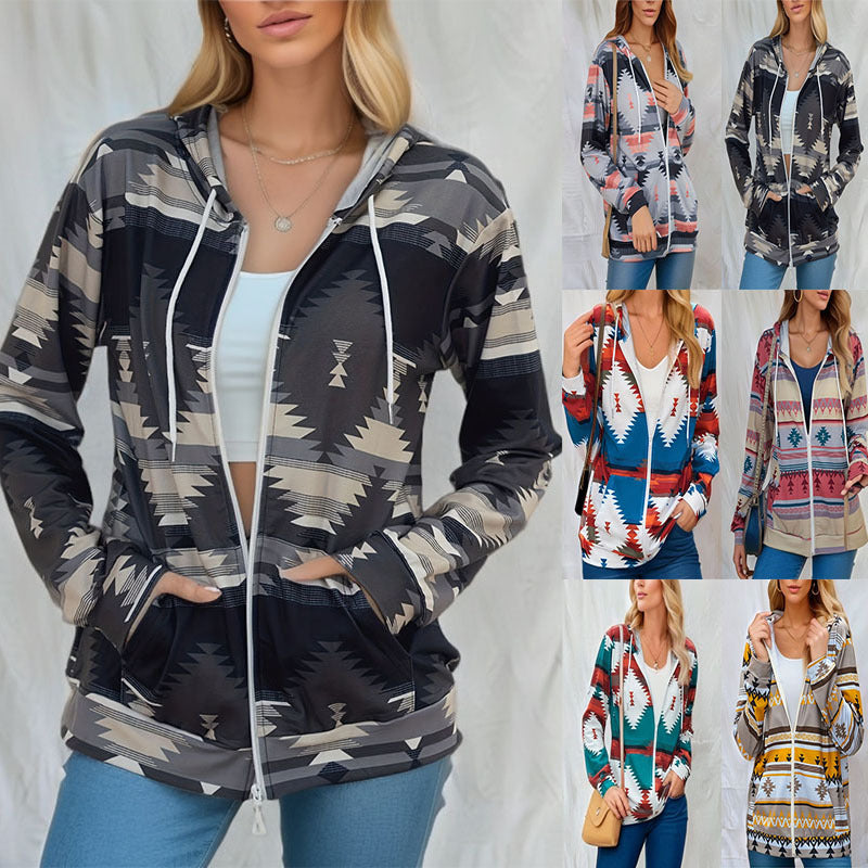 Women's Casual Geometric Loose Hooded Pocket Jacket