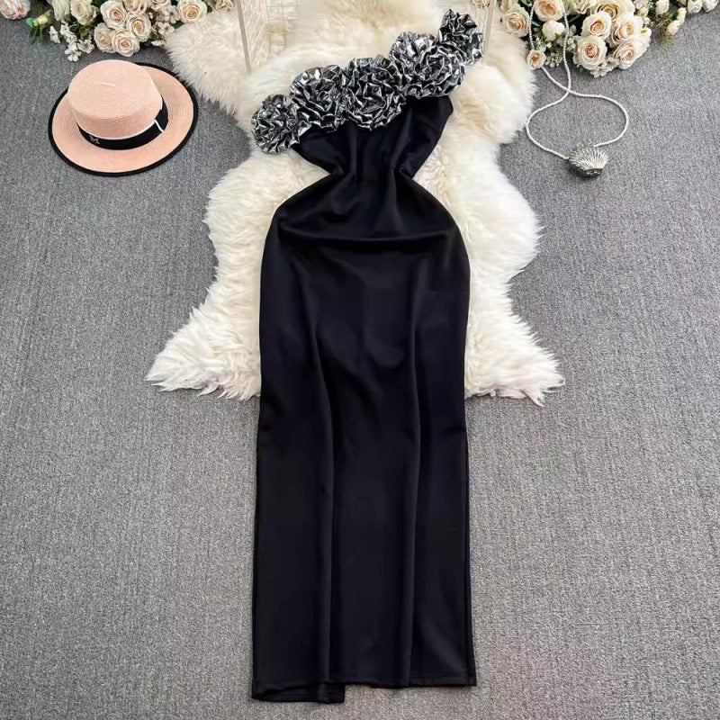 Robe tube sexy à épaules dénudées et motif floral tridimensionnel pour femme