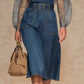Womens Blue Denim Jumpsuit With High Waist Loose Fit And Large Pockets