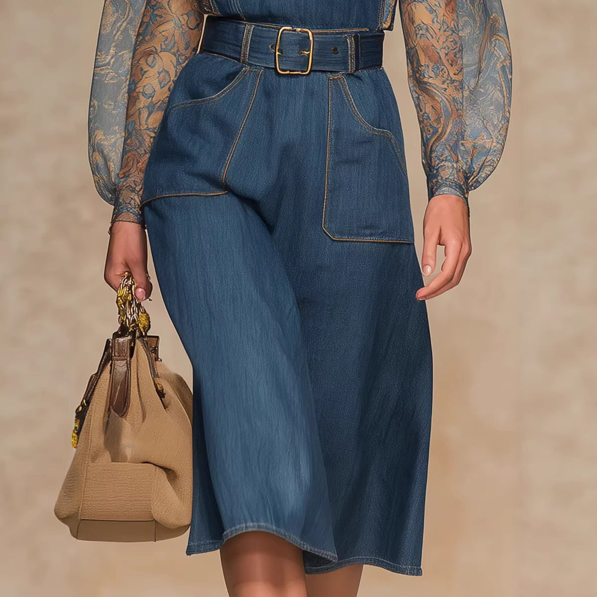 Womens Blue Denim Jumpsuit With High Waist Loose Fit And Large Pockets