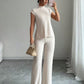 Solid-color Short-sleeve Top And Ribbed Casual Pants Set