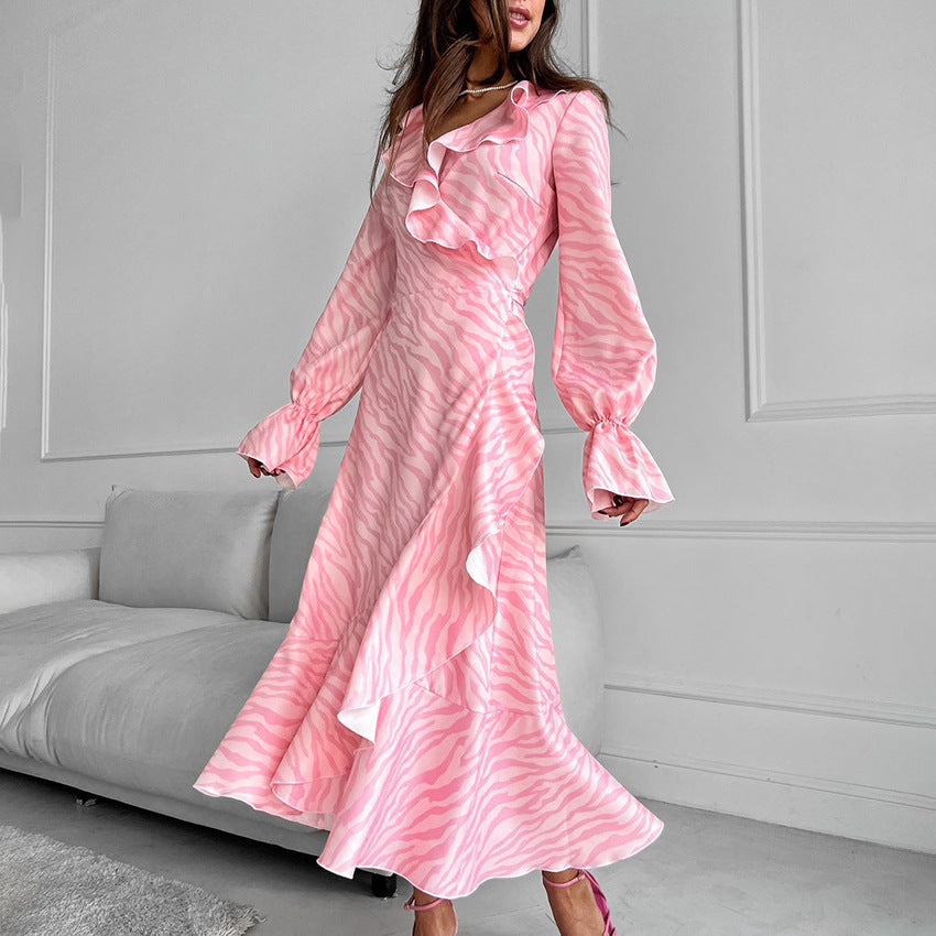 Elegant Ruffled V-neck Flared Sleeves Fishtail Dress