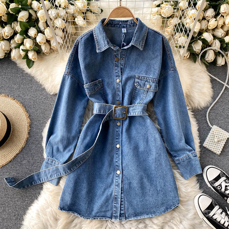 Women's Retro-breasted Denim Jacket With Polo Collar And Waist Was Thin