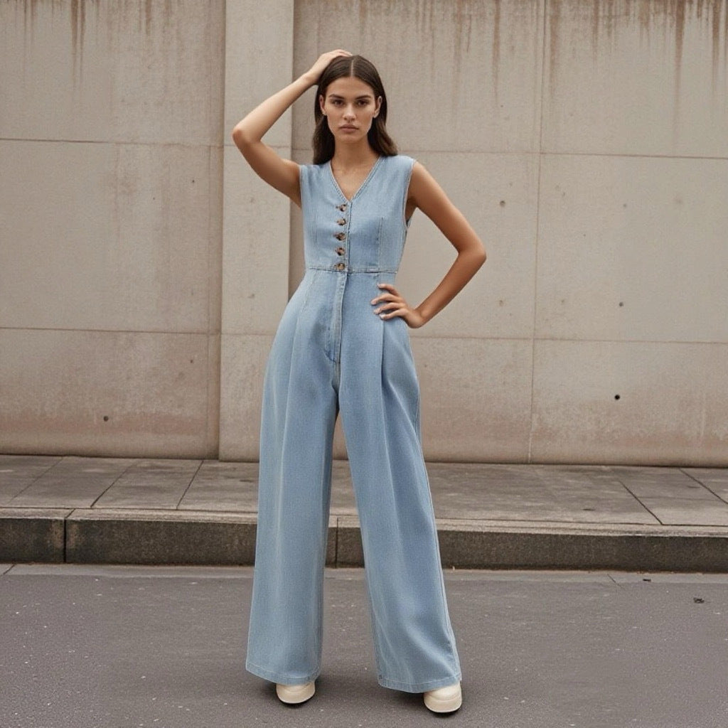 V-neck Double-breasted Sleeveless Wide Leg Overall Jeans