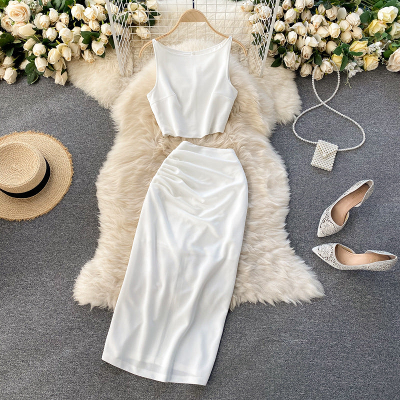 Solid Color Round Neck Vest Short Top High Waist Hip-wrapped Mid-length Dress
