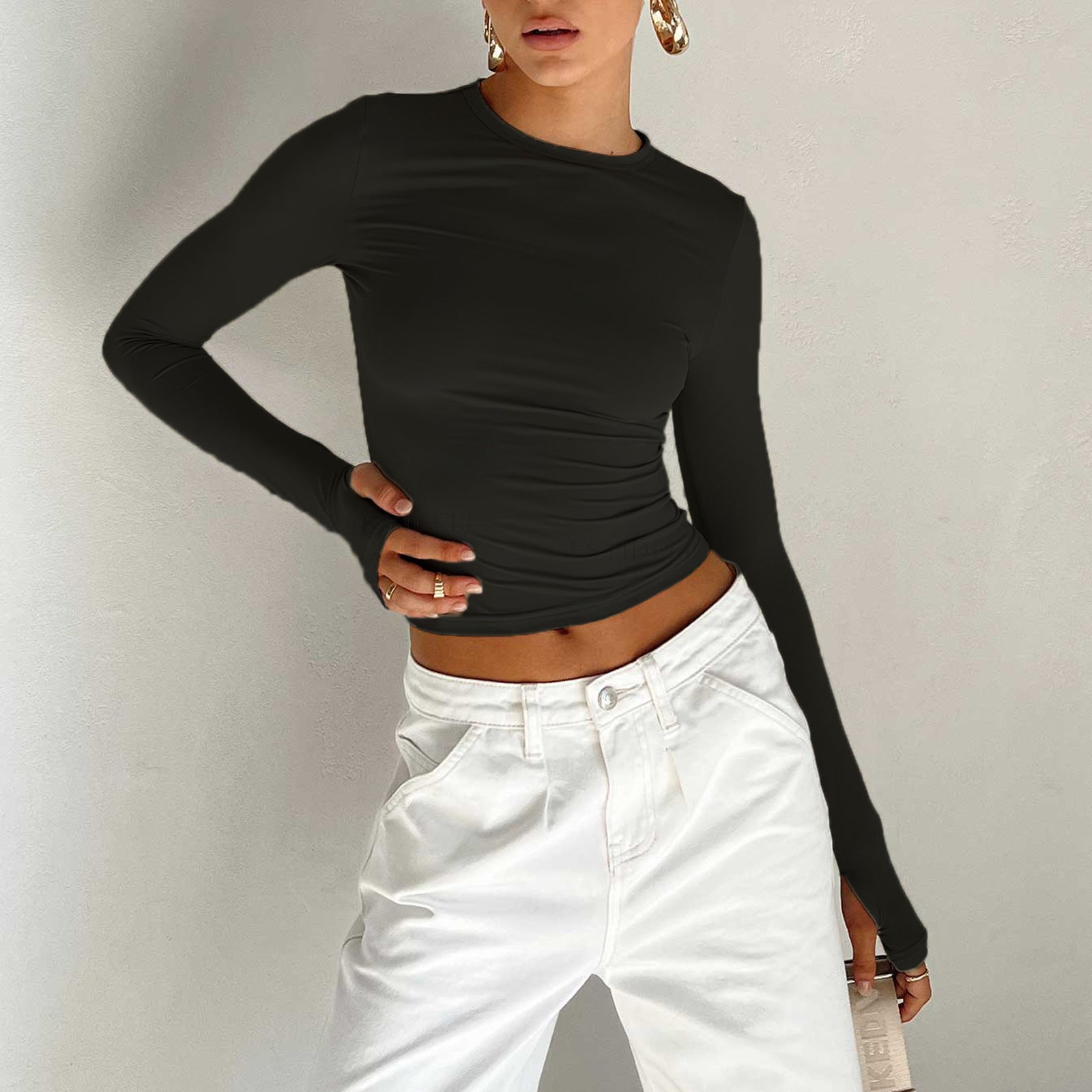 Nouveau haut à manches longues et col rond pour femme, couleur unie