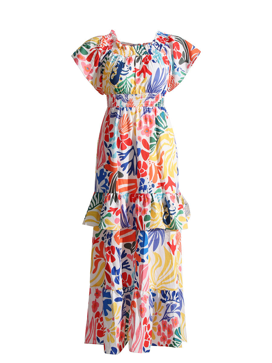 Summer Boat Neck Wooden Ear Design Short Sleeve High Waist Cake Dress