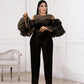 Round Neck Cutout Stitching Tulle Puff Sleeve High Waist Jumpsuit