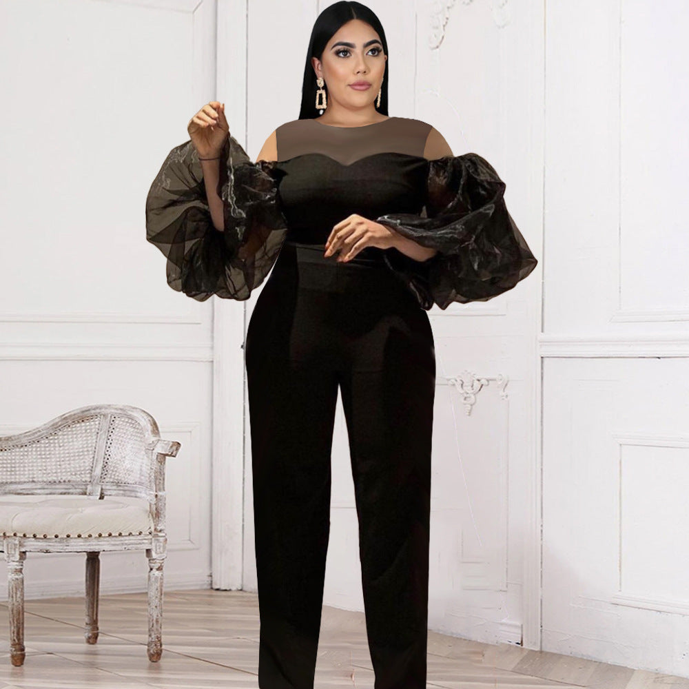 Round Neck Cutout Stitching Tulle Puff Sleeve High Waist Jumpsuit