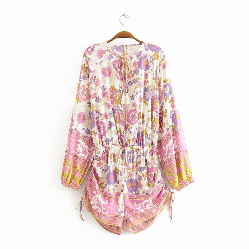 Holiday Style Fringed Lace Positioning Print Jumpsuit