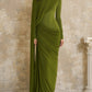 Womens Pleated Ribbon Crew-Neck Long-Sleeve Dress