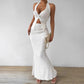 Women's Solid Color Twist Front Hanging On Neck Crop Top And Fishtail Midi Skirt