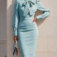 Autumn Fashion Elegant Solid-Color Waist-Cinching Dress With Bow Accent