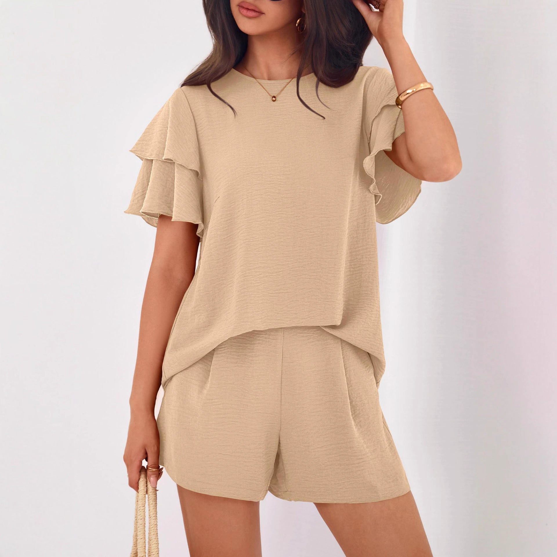 Women's Fashionable Casual Two-Piece Set Crew-Neck Short-Sleeve Top And Shorts