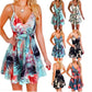 Women's V-Neck Sling Sleeveless Backless Bandage Print Swing Dress