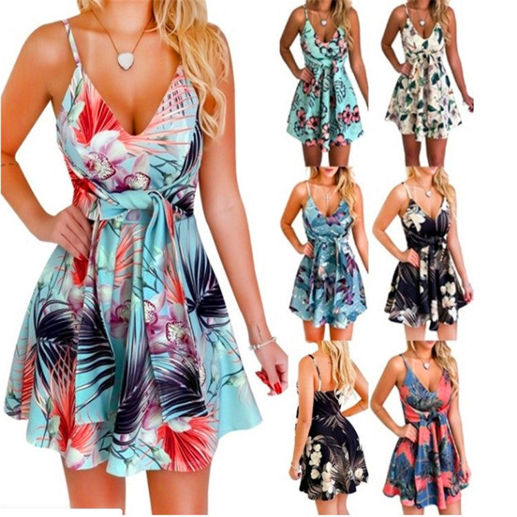 Women's V-Neck Sling Sleeveless Backless Bandage Print Swing Dress
