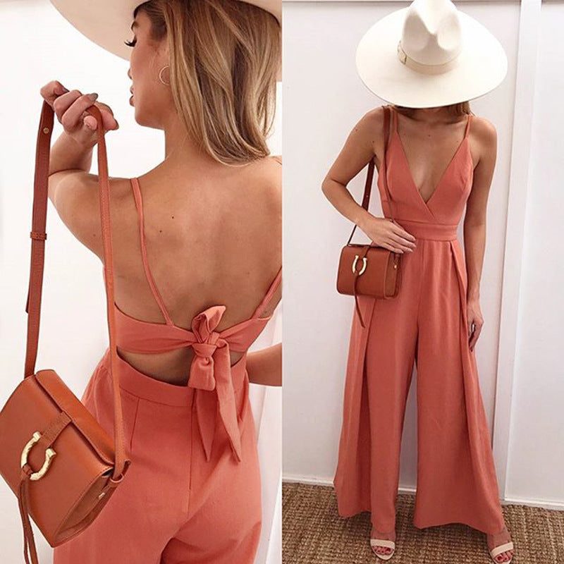 Deep V Neck Sling Wide Legs Women's jumpsuit