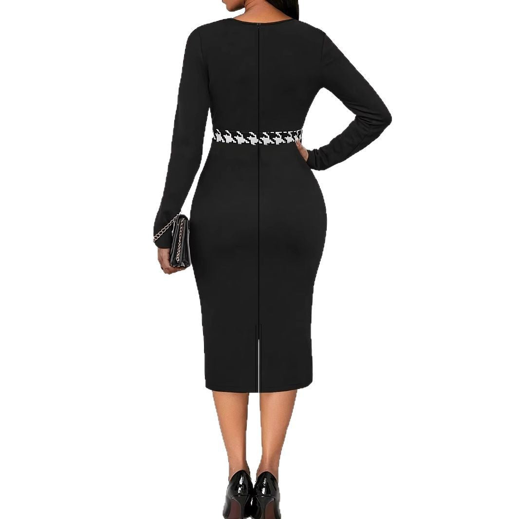 Multicolor Printing Cross Hem Neck Stripe Long Sleeve Plus Size Dress