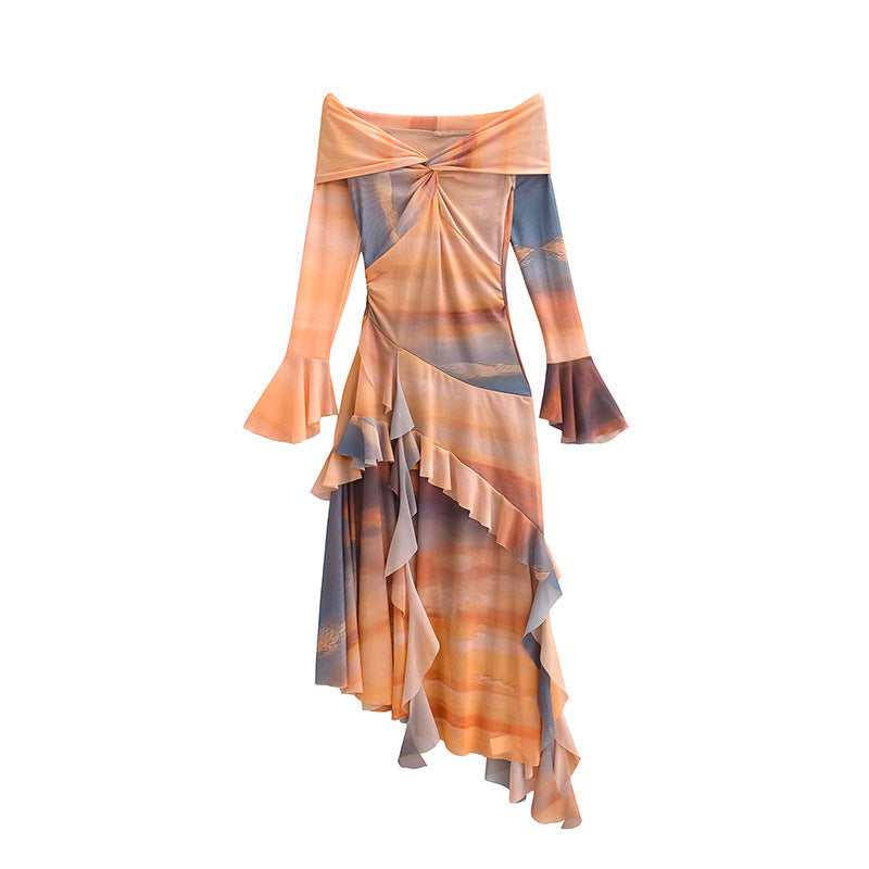 Robe à manches longues irrégulières tie-dye de style européen et américain pour femme