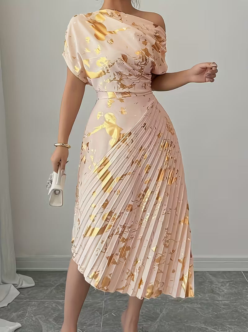 Women's Asymmetric Shoulder Gold Foil Pleated Dress