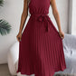 Women's Stand Collar Sleeveless Cinched Pleated Long Dress