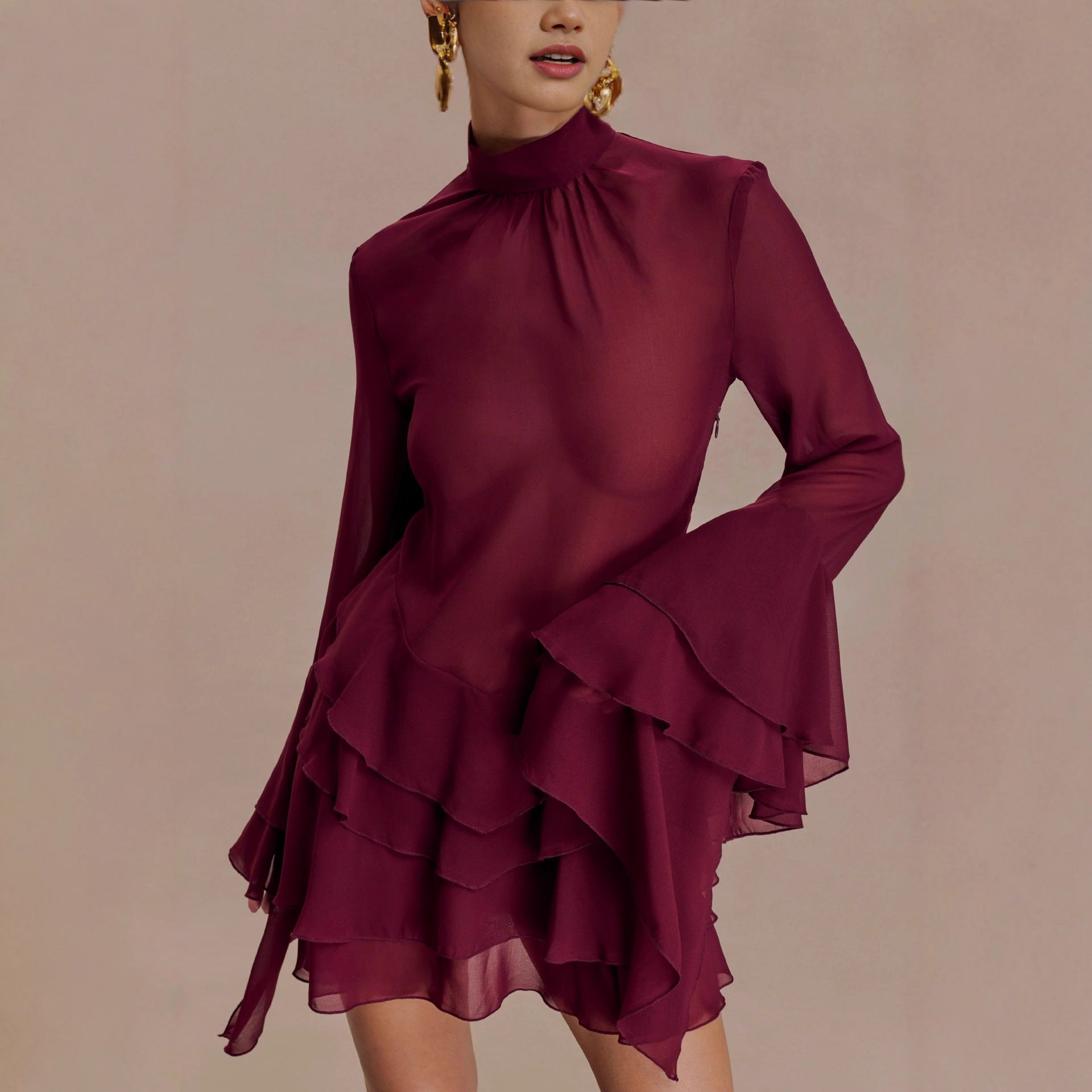 New Elegant Temperament Trumpet Sleeve Chiffon Dress