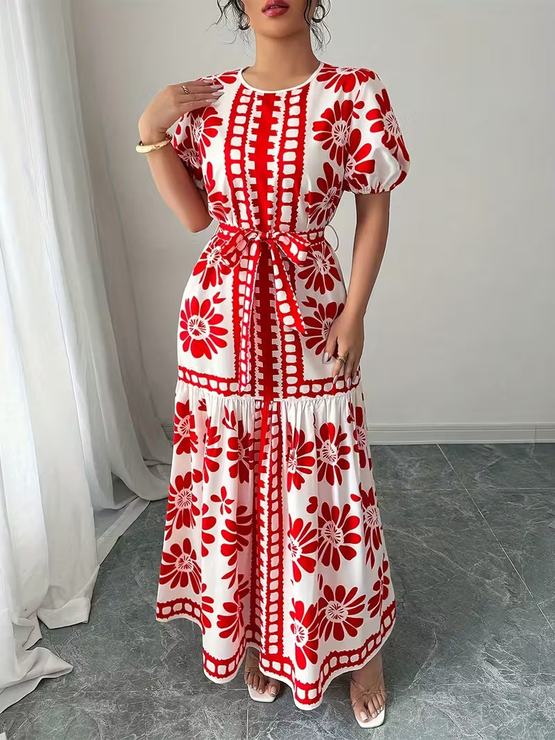 Womens Printed Elegant Simple Lace-up Round-neck Dress