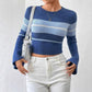 Round Neck Long Sleeve Flared Sleeves Striped Contrast Color Knitted Pullover