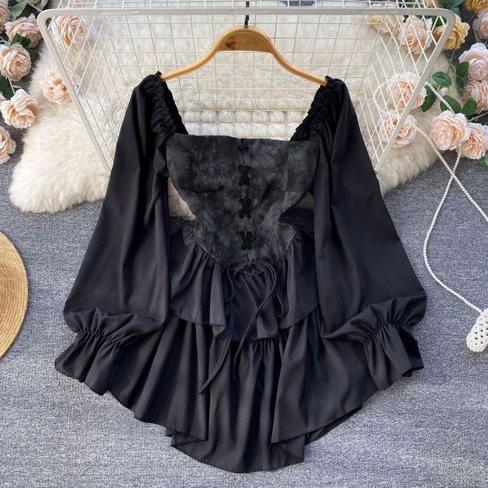 New Square-neck Retro One-shoulder Tie-dye Court-style Ruffled Dress