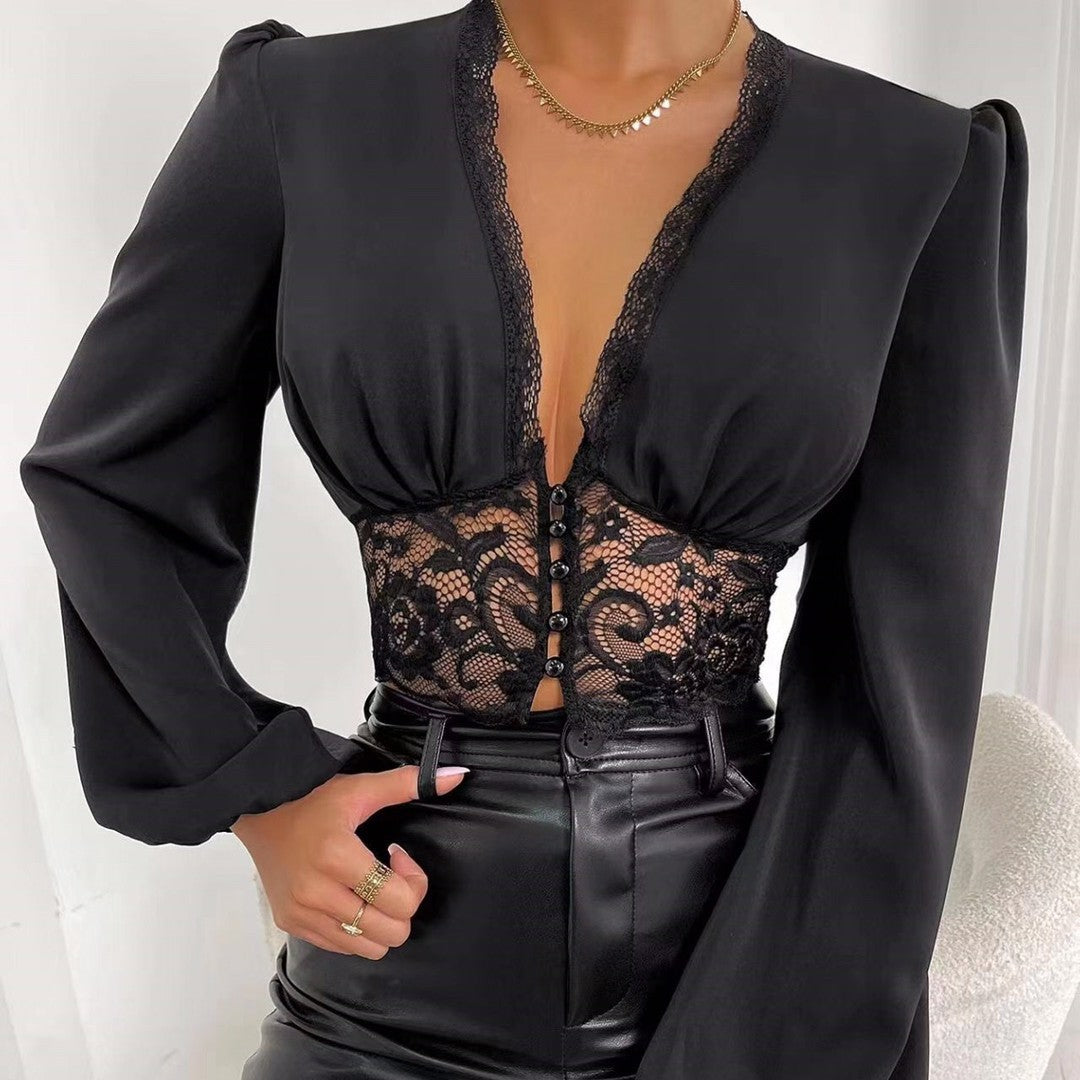 Long Sleeve Deep V-neck Lace Patchwork Top