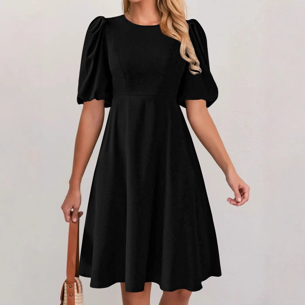 Solid-color Casual Crew-neck Puffed-sleeve Dress For Women