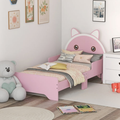 ZONEKIZ Bed For Kids Cat Design Toddler Bed Frame Bedroom Furniture With Guardrails, For 3-6 Years, 143L X 74W X 72Hcm - Pink