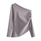 Winter New Shoulder Asymmetric Fold Slim Shirt Top For Women