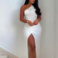 Robe plissée fendue à épaules dénudées pour femme, couleur unie