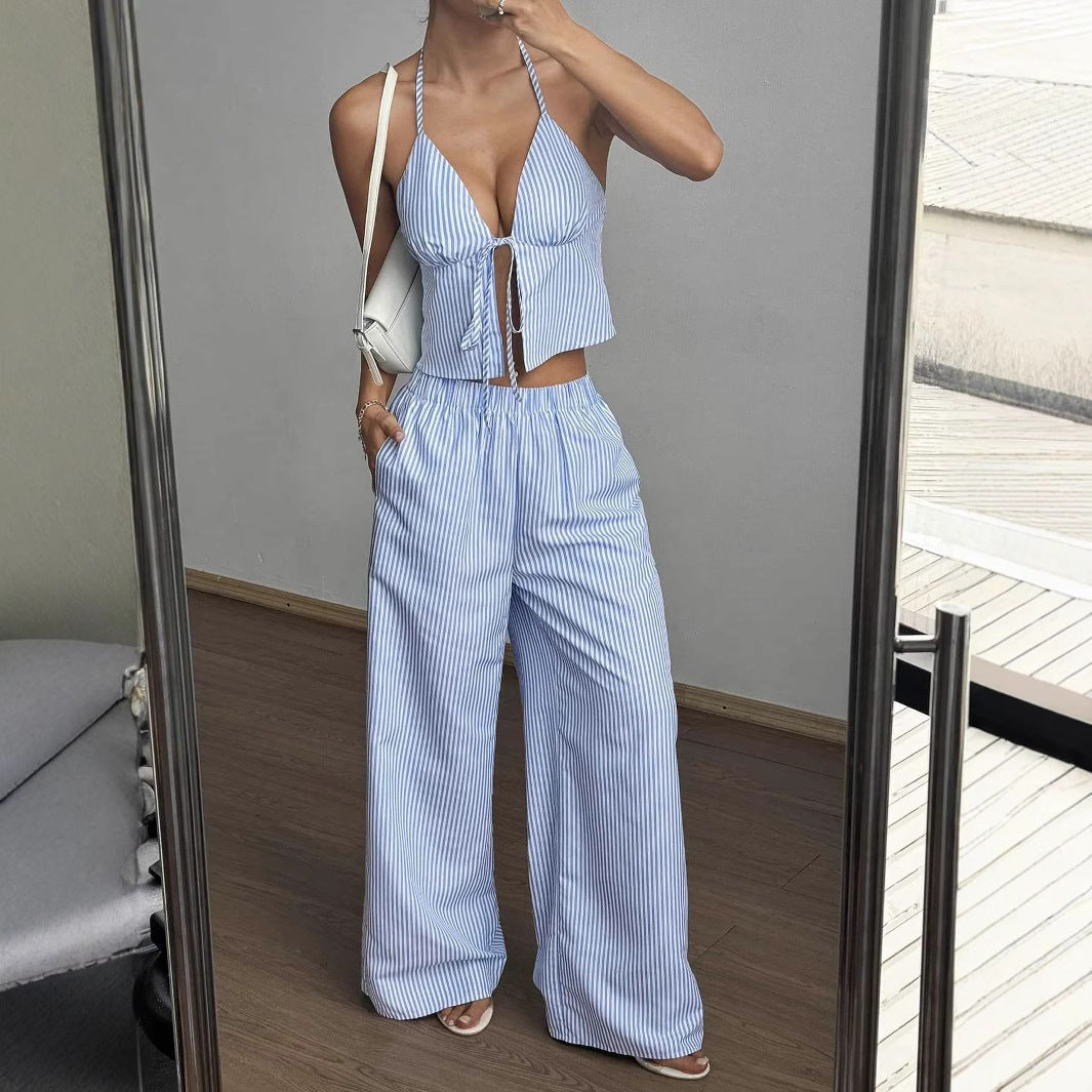 Summer Stripes Vest Plus Stretchy Straight-leg Pants Casual Two-piece Suit