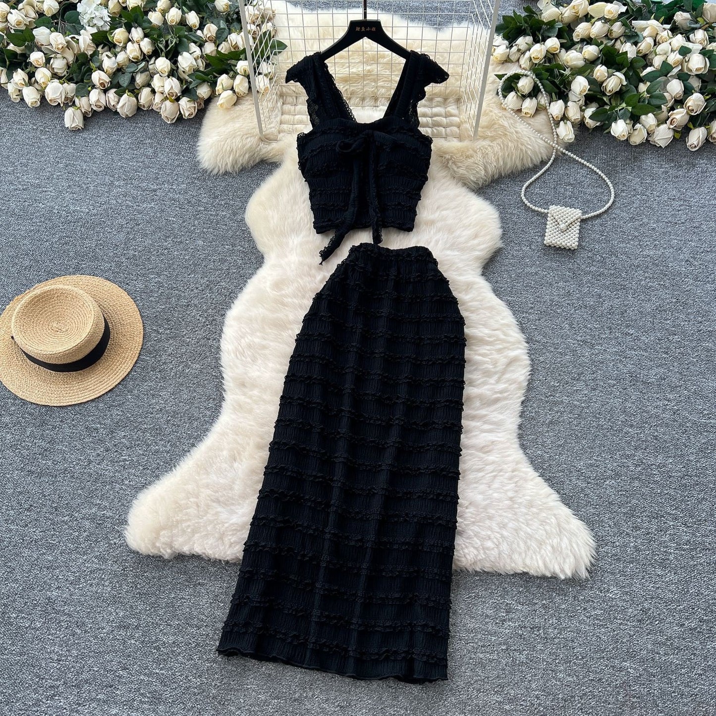Bow-tie Square-neck Camisole With Cap Sleeves High-waisted Sheath Skirt