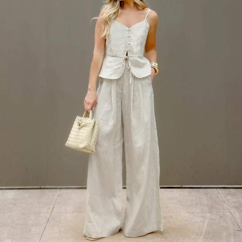 Fashion Suspenders Vest High Waist Wide Leg Pants Two-piece Set