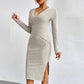 European And American High Waist Slit Long Sleeve Dress