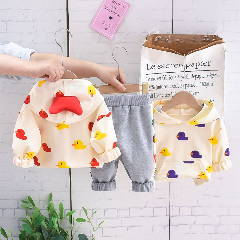 Ensemble à capuche imprimé petit canard jaune pour fille