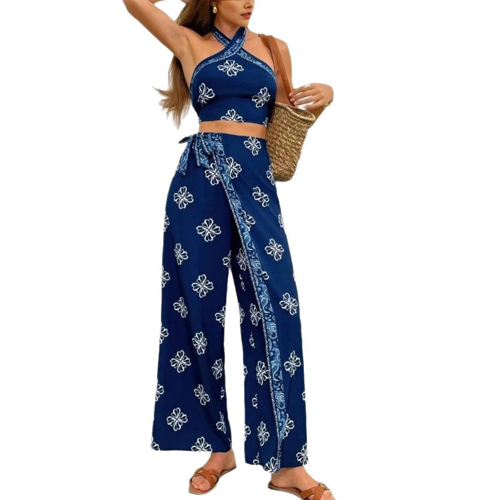 Halter Slim Fit Top High Waist Straight-leg Pants Suit