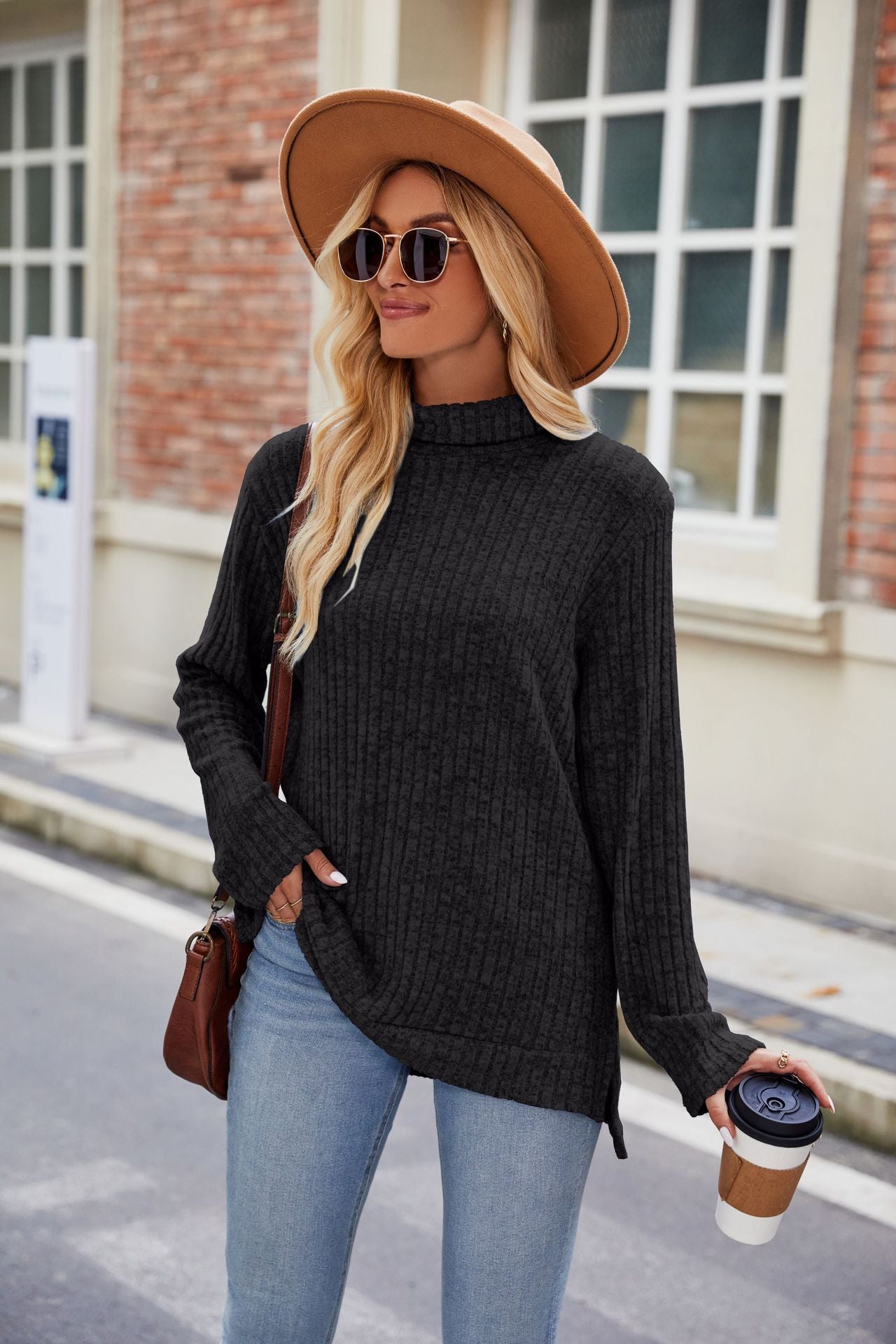 T-shirt ample à manches longues et col montant pour femme