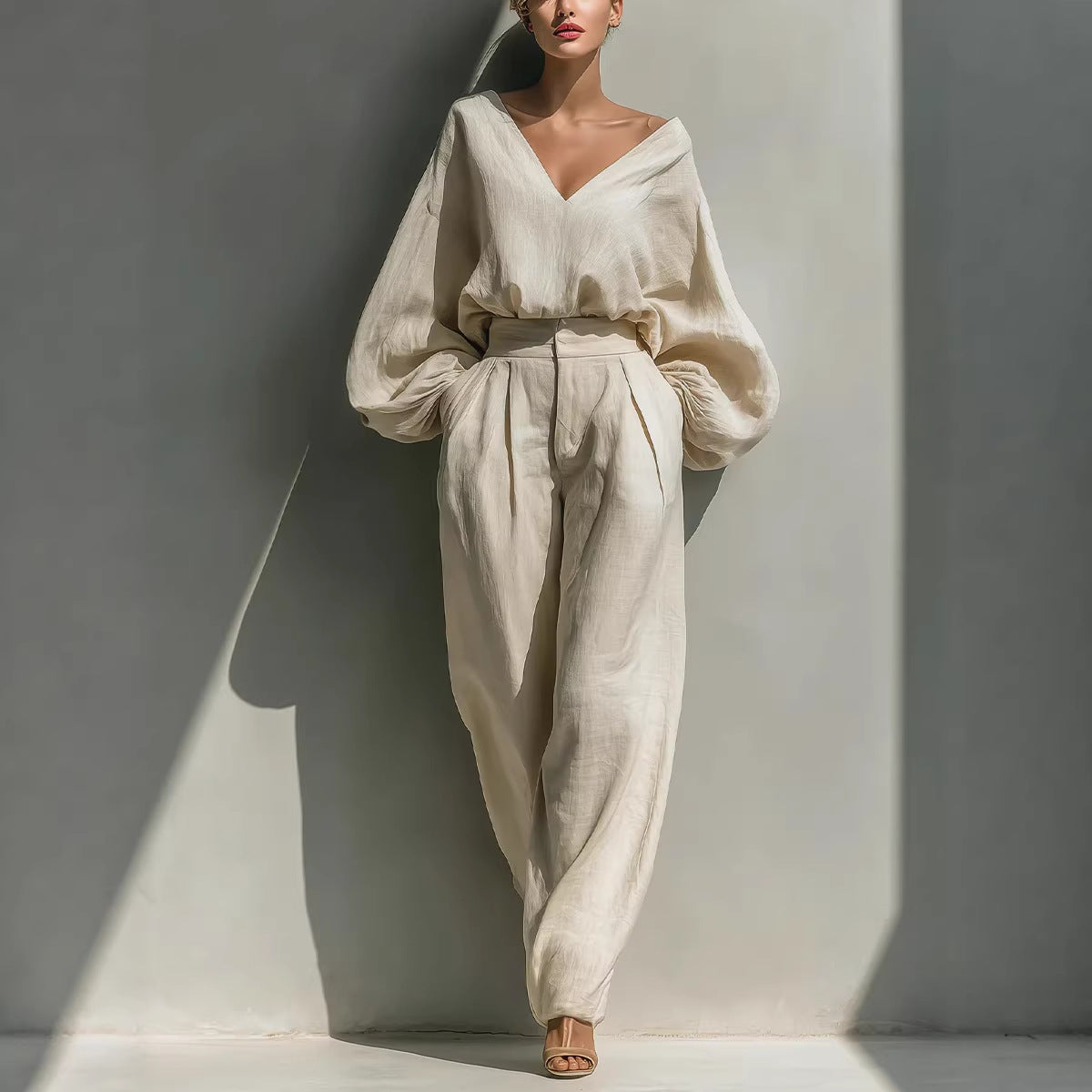 Long-sleeve Loose-fitting Trendy Unisex Retro Cotton-linen Set